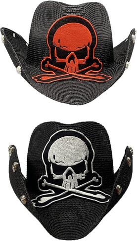 Lightweight Punk Straw Weaving Hat for Women Men Breathable Cowboy Cap with Embroidery Skull Cap Cattlema in Kuwait