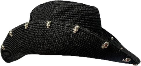 Lightweight Punk Straw Weaving Hat for Women Men Breathable Cowboy Cap with Embroidery Skull Cap Cattlema in Kuwait