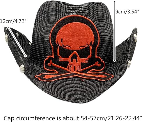 Lightweight Punk Straw Weaving Hat for Women Men Breathable Cowboy Cap with Embroidery Skull Cap Cattlema in Kuwait