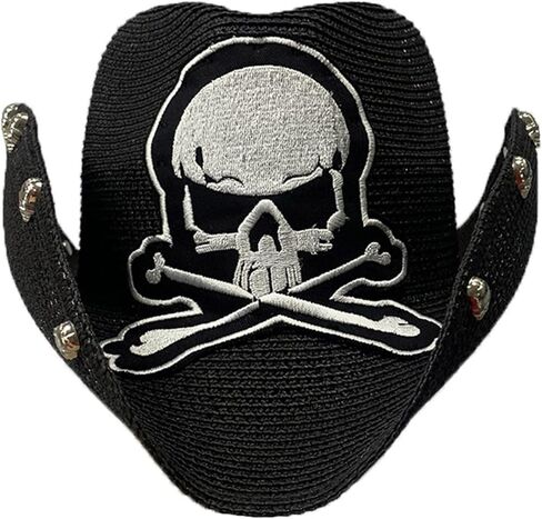 Lightweight Punk Straw Weaving Hat for Women Men Breathable Cowboy Cap with Embroidery Skull Cap Cattlema in Kuwait