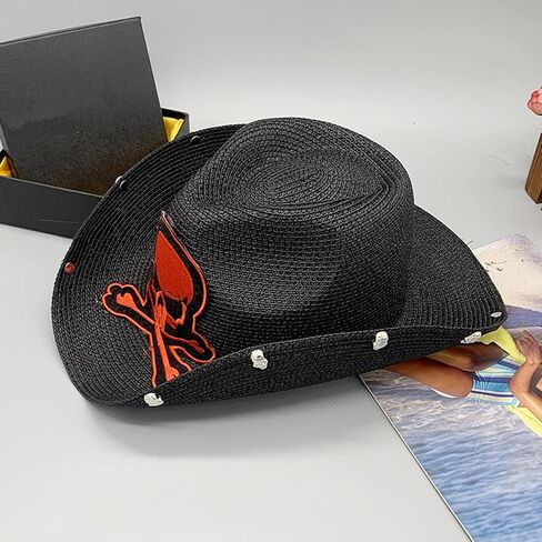 Lightweight Punk Straw Weaving Hat for Women Men Breathable Cowboy Cap with Embroidery Skull Cap Cattlema in Kuwait