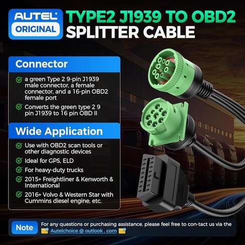 Autel Original J1939 Splitter 9pin Type 2 Male to Female and 16pin OBD2 Y Cable, Green Connector Work with Truck Diagnostic Scanner, Converter for Heavy Duty Commercial Truck Fleet ELD GPS Tracker in Saudi Arabia