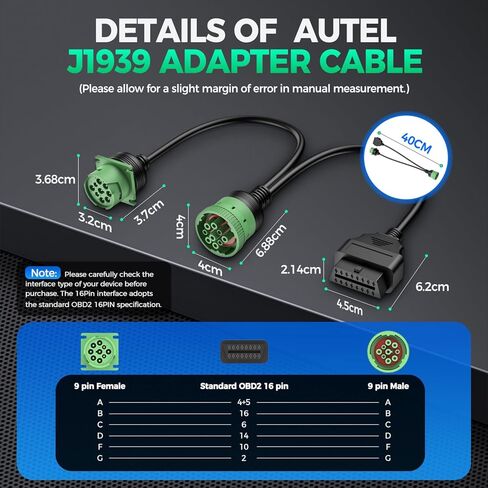 Autel Original J1939 Splitter 9pin Type 2 Male to Female and 16pin OBD2 Y Cable, Green Connector Work with Truck Diagnostic Scanner, Converter for Heavy Duty Commercial Truck Fleet ELD GPS Tracker in Saudi Arabia