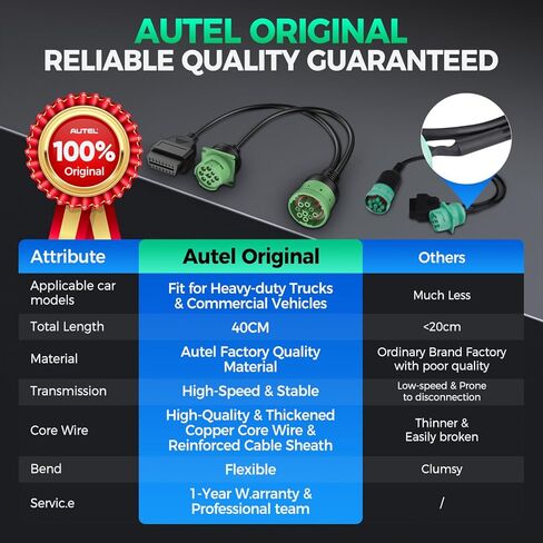Autel Original J1939 Splitter 9pin Type 2 Male to Female and 16pin OBD2 Y Cable, Green Connector Work with Truck Diagnostic Scanner, Converter for Heavy Duty Commercial Truck Fleet ELD GPS Tracker in Saudi Arabia