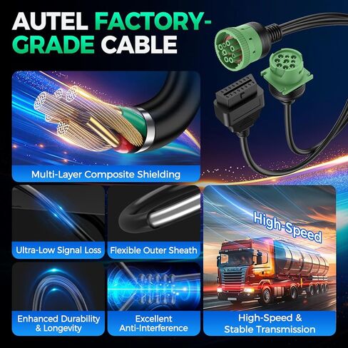 Autel Original J1939 Splitter 9pin Type 2 Male to Female and 16pin OBD2 Y Cable, Green Connector Work with Truck Diagnostic Scanner, Converter for Heavy Duty Commercial Truck Fleet ELD GPS Tracker in Saudi Arabia