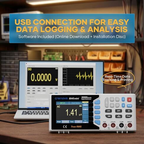 جهاز قياس متعدد رقمي True RMS من Crenova 30000، جهاز قياس متعدد على سطح المكتب للاستخدام في المختبر والصناعي. تسجيل بيانات USB، CAT II 600V. يقيس الجهد والتيار والمقاومة والسعة ودرجة الحرارة. in Kuwait