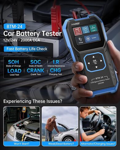 FNIRSI BTM-24 Car Battery Tester 12V 24V, 0-2000 CCA Automotive Alternator Tester, Battery Life Voltage Internal Resistance Charging Load Cranking Analyzer for Car SUV Pickup Truck ATV Motorcycle Boat in Kuwait