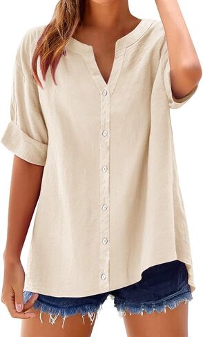 Summer Tops for Women Business Casual Cotton Linen Shirts Short Sleeve Tunics Blouses Button Down Gauze Clothes in Saudi Arabia