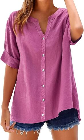Summer Tops for Women Business Casual Cotton Linen Shirts Short Sleeve Tunics Blouses Button Down Gauze Clothes in Saudi Arabia