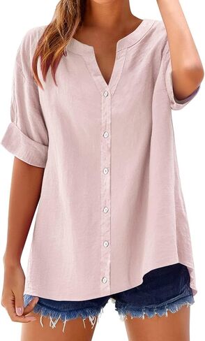Summer Tops for Women Business Casual Cotton Linen Shirts Short Sleeve Tunics Blouses Button Down Gauze Clothes in Saudi Arabia