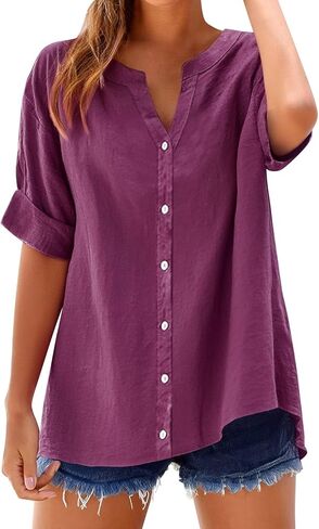 Summer Tops for Women Business Casual Cotton Linen Shirts Short Sleeve Tunics Blouses Button Down Gauze Clothes in Saudi Arabia