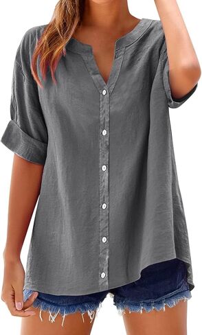 Summer Tops for Women Business Casual Cotton Linen Shirts Short Sleeve Tunics Blouses Button Down Gauze Clothes in Saudi Arabia