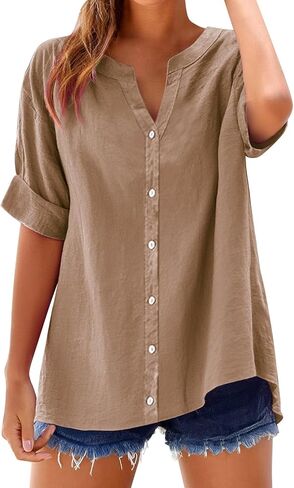 Summer Tops for Women Business Casual Cotton Linen Shirts Short Sleeve Tunics Blouses Button Down Gauze Clothes in Saudi Arabia