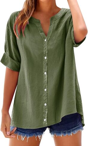 Summer Tops for Women Business Casual Cotton Linen Shirts Short Sleeve Tunics Blouses Button Down Gauze Clothes in Saudi Arabia