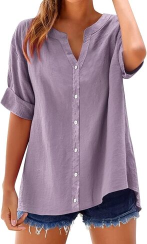 Summer Tops for Women Business Casual Cotton Linen Shirts Short Sleeve Tunics Blouses Button Down Gauze Clothes in Saudi Arabia