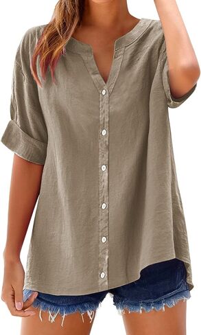 Summer Tops for Women Business Casual Cotton Linen Shirts Short Sleeve Tunics Blouses Button Down Gauze Clothes in Saudi Arabia