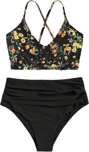 SweatyRocks Women's High Waisted Swimsuit Floral Print Cross Cross Bikini Set 2 Piece Bathing Suit in Saudi Arabia