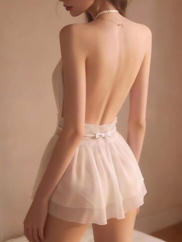 Women's White Elegant Halter Sleep Dress Deep V Greek Style Backless Nightwear Short Dress Lingerie in Saudi Arabia