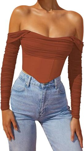 مشد نسائي شبكي شفاف منتفخ من الدانتيل مكشوف الأكتاف مثير مطوي من الشيفون بوستير للنساء اللطيفات العصري in Kuwait