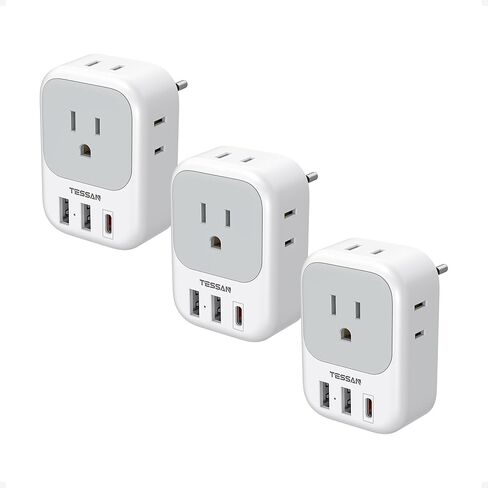 TESSAN 3 Pack European Travel Plug Adapter USB C, US to Europe Power Adapter with 4 AC Outlets and 3 USB (1 USB C), Euro Charger Adaptor Type C for USA to EU Spain France Iceland Italy Germany Greece in Kuwait