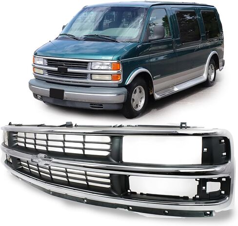 Front Express Grille - Chrome Shell With Gray Insert Grill Compatible With 1996-2002 Chevy Express 1500 2500 3500 GM1200382 15037242 (Fits Composite Headlights Type) in Saudi Arabia