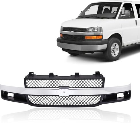 Front Express Grille - Chrome Shell With Gray Insert Grill Compatible With 1996-2002 Chevy Express 1500 2500 3500 GM1200382 15037242 (Fits Composite Headlights Type) in Saudi Arabia