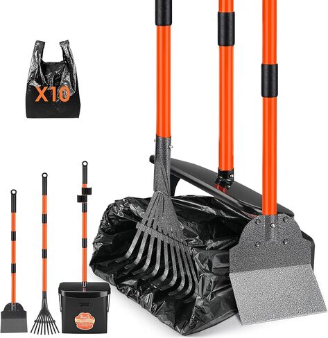 SlowTon Dog Pooper Scooper - 37.4" Long Handle Adjustable Metal Swivel Bin & Rake & Spade Kit with 20 Waste Bags, Portable Pooper Scooper for Gravel Lawn Grass, Suit for Small Medium Large Dog in Saudi Arabia