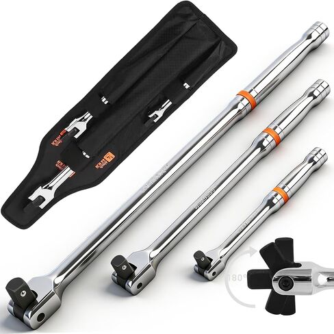 HORUSDY 3-Piece Breaker Bar Set, 1/4'', 3/8'' & 1/2'' Drive, Heavy Duty Breaker Bars, 6-inch, 10-inch, 15-inch Length with 180° Rotatable Head, Chrome Vanadium Steel Made. in Kuwait