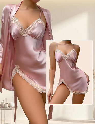 FEOYA Women’s Silk Pajama Robe Set Satin Smooth Nightgown Lace Cami Nightdress with Belt Sexy Sleepwear in Saudi Arabia