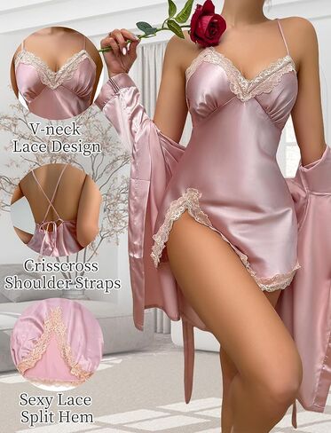 FEOYA Women’s Silk Pajama Robe Set Satin Smooth Nightgown Lace Cami Nightdress with Belt Sexy Sleepwear in Saudi Arabia