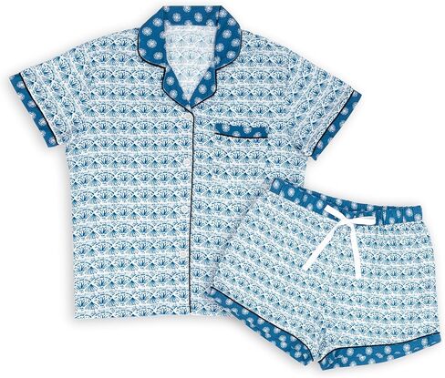 DEMDACO Indigo Blue Blooming Flower Mosaic Pattern Women's Soft Knit Rayon Blend Short Sleeve Button-Up Top & Drawstring Shorts, 2 Piece Pajama Set, Large in Saudi Arabia