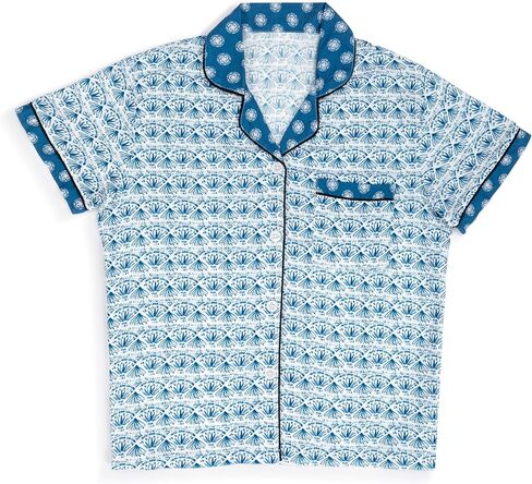 DEMDACO Indigo Blue Blooming Flower Mosaic Pattern Women's Soft Knit Rayon Blend Short Sleeve Button-Up Top & Drawstring Shorts, 2 Piece Pajama Set, Large in Saudi Arabia