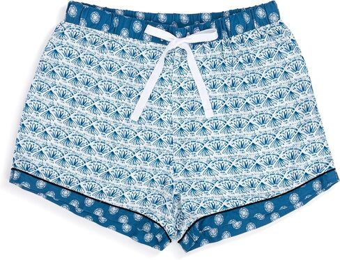 DEMDACO Indigo Blue Blooming Flower Mosaic Pattern Women's Soft Knit Rayon Blend Short Sleeve Button-Up Top & Drawstring Shorts, 2 Piece Pajama Set, Large in Saudi Arabia