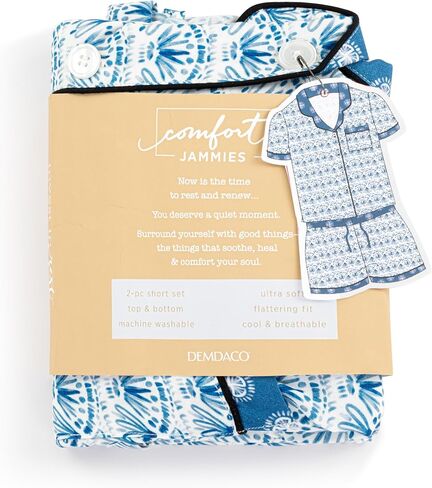 DEMDACO Indigo Blue Blooming Flower Mosaic Pattern Women's Soft Knit Rayon Blend Short Sleeve Button-Up Top & Drawstring Shorts, 2 Piece Pajama Set, Large in Saudi Arabia