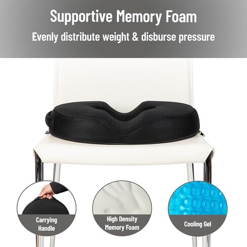 Mind Reader Air-Cloud Gel Donut Pillow, Ergonomic Memory Foam Seat Cushion with Cooling Core, Tailbone, Hemorrhoid, Pregnancy Relief, Black in Saudi Arabia