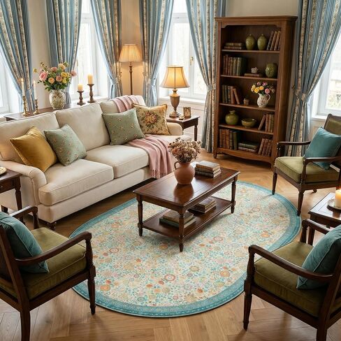 Floral Oval Rug 4x6 - Washable Ultra-Thin Living Room Rug Non-Slip Carpets - Soft & Stain Resistant Rug for Kitchen Bedroom Dining Room Indoor Nursery Dark Green in Saudi Arabia