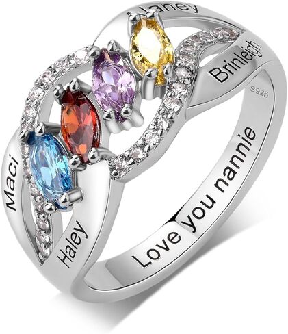 S925 Sterling Silver Mothers Rings with 4 Birthstones and Names Personalized Birthstones Ring for Mother Custom Engraved Family Rings for Women in Saudi Arabia