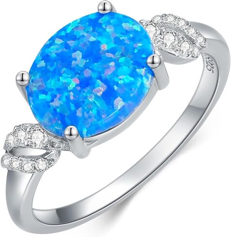 925 Sterling Silver Oval Blue Opal Ring with Zircon Spiral Edge Statement-rings Opal Jewelry Birthday Gifts for Women Her(Ring Size 5-9) in Kuwait
