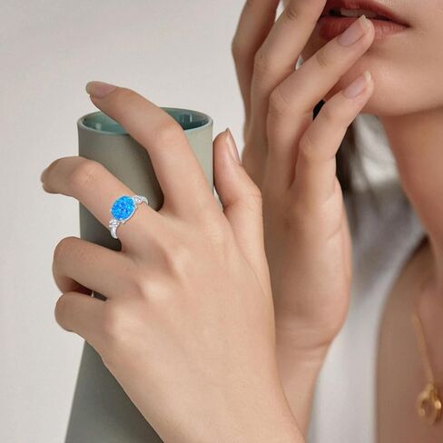 925 Sterling Silver Oval Blue Opal Ring with Zircon Spiral Edge Statement-rings Opal Jewelry Birthday Gifts for Women Her(Ring Size 5-9) in Kuwait