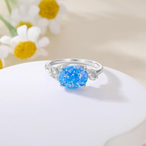 925 Sterling Silver Oval Blue Opal Ring with Zircon Spiral Edge Statement-rings Opal Jewelry Birthday Gifts for Women Her(Ring Size 5-9) in Kuwait