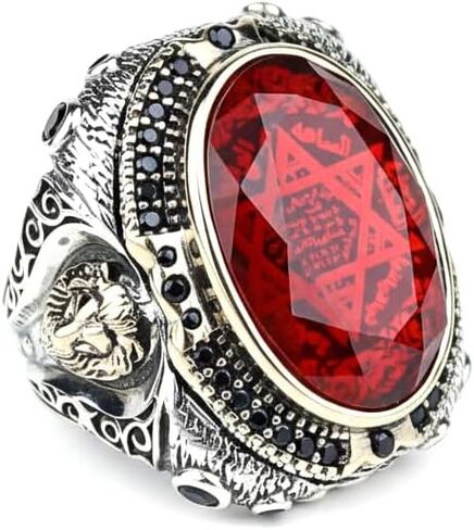 Handmade Men's Ruby Ring - 925 Sterling Silver Seal of Solomon & Lion Head Ring - Natural Oval Ruby Stone - Turkish Artisan Jewelry in Kuwait