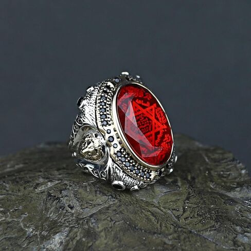 Handmade Men's Ruby Ring - 925 Sterling Silver Seal of Solomon & Lion Head Ring - Natural Oval Ruby Stone - Turkish Artisan Jewelry in Kuwait