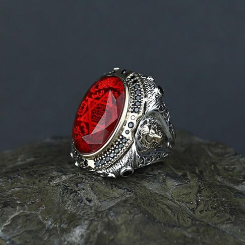 Handmade Men's Ruby Ring - 925 Sterling Silver Seal of Solomon & Lion Head Ring - Natural Oval Ruby Stone - Turkish Artisan Jewelry in Kuwait