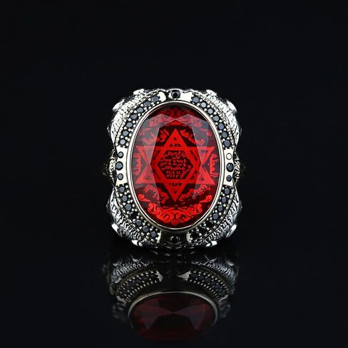 Handmade Men's Ruby Ring - 925 Sterling Silver Seal of Solomon & Lion Head Ring - Natural Oval Ruby Stone - Turkish Artisan Jewelry in Kuwait