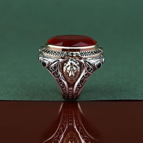 Handmade Men's Ruby Ring - 925 Sterling Silver Seal of Solomon & Lion Head Ring - Natural Oval Ruby Stone - Turkish Artisan Jewelry in Kuwait