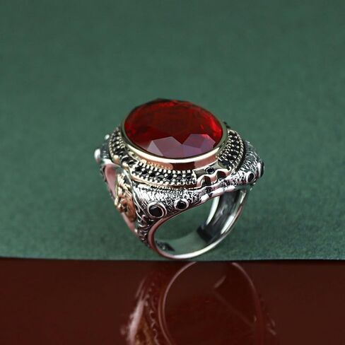 Handmade Men's Ruby Ring - 925 Sterling Silver Seal of Solomon & Lion Head Ring - Natural Oval Ruby Stone - Turkish Artisan Jewelry in Kuwait