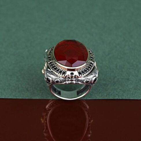 Handmade Men's Ruby Ring - 925 Sterling Silver Seal of Solomon & Lion Head Ring - Natural Oval Ruby Stone - Turkish Artisan Jewelry in Kuwait