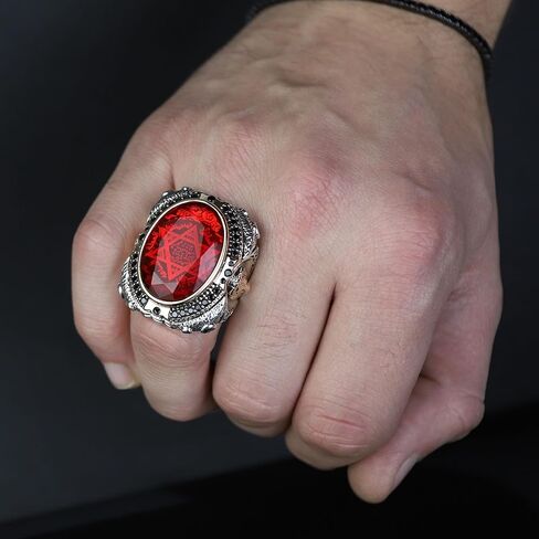 Handmade Men's Ruby Ring - 925 Sterling Silver Seal of Solomon & Lion Head Ring - Natural Oval Ruby Stone - Turkish Artisan Jewelry in Kuwait