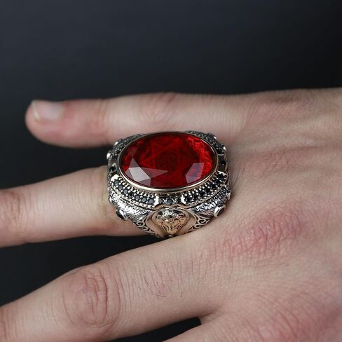 Handmade Men's Ruby Ring - 925 Sterling Silver Seal of Solomon & Lion Head Ring - Natural Oval Ruby Stone - Turkish Artisan Jewelry in Kuwait