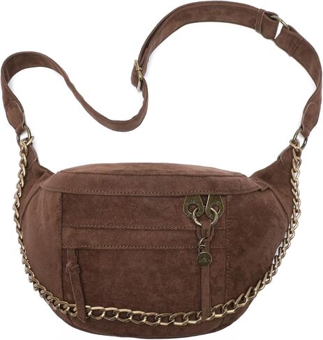 حقيبة كروس مضادة للنشل، كبيرة نباتية بنية داكنة من الجلد السويدي، جيوب RFID والنظارات، حزام قابل للتعديل، تصميم مضاد للسرقة، مقصورات متعددة، حقيبة سفر بتفاصيل سلسلة للنساء in Kuwait